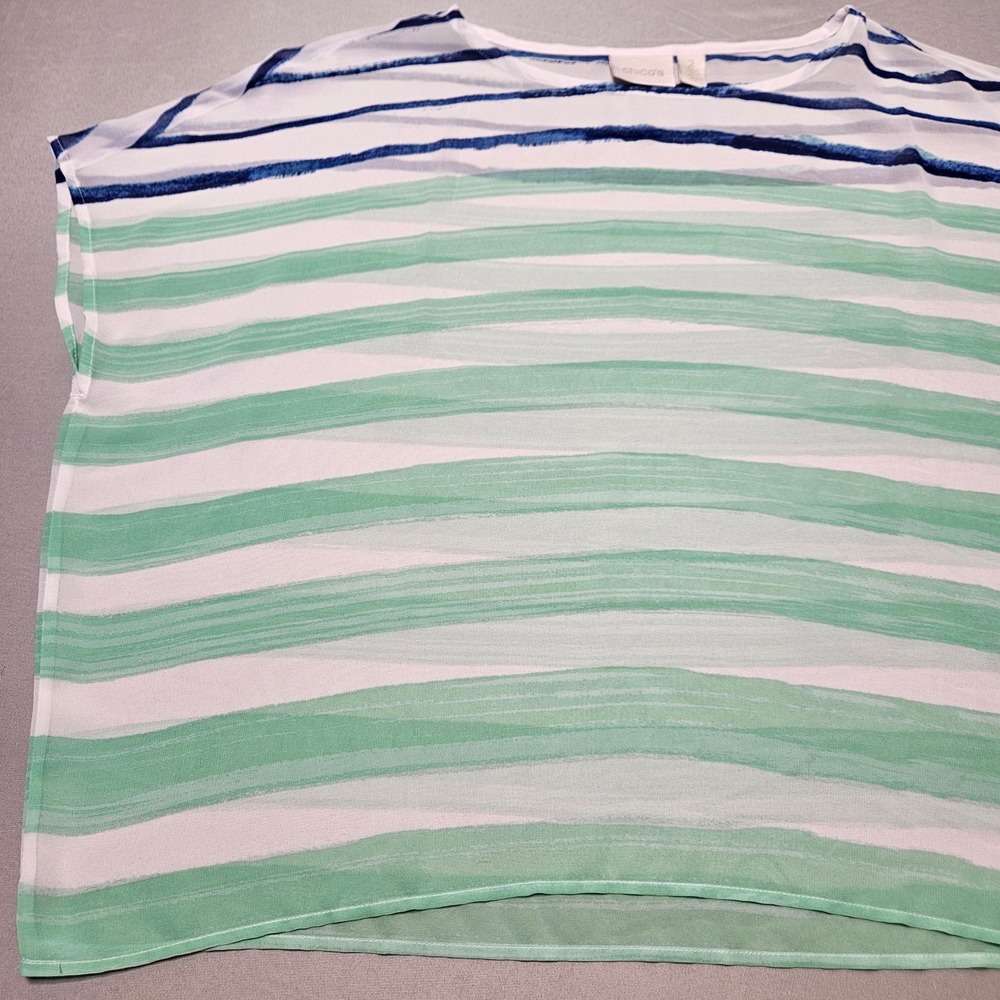 Chico's Striped Chiffon Blouse Womens 2 Large Green Blue Watercolor Boxy Top